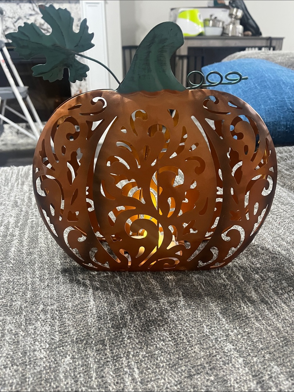 Metal Filigree Pumpkin Lantern - Orange with Green Stem
